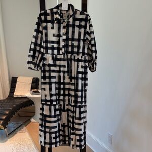 Maeve Black & White Geometric Tiered Midi Dress